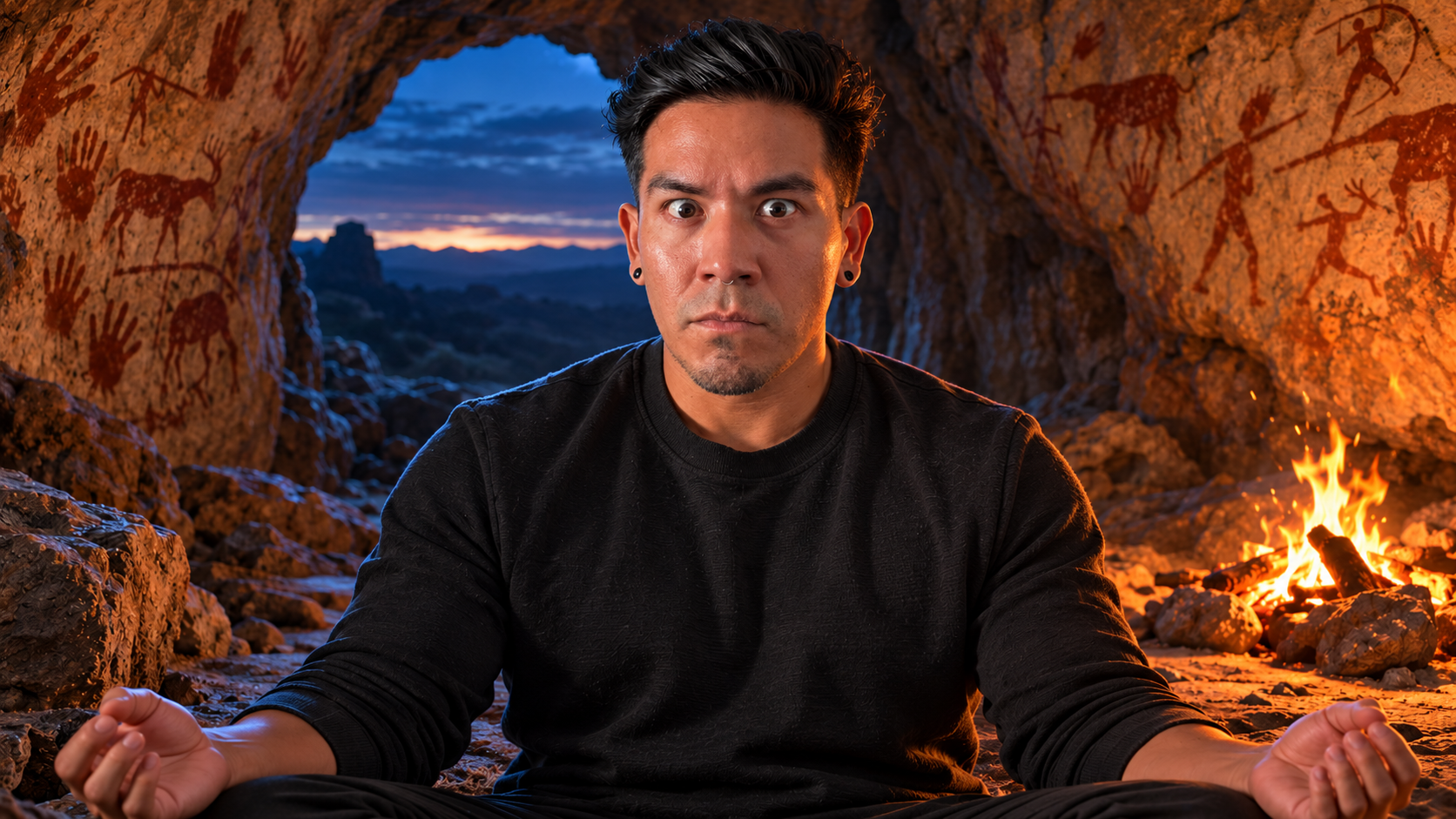 Edgar sitting in meditation with a surprised expression inside a cave, cave paintings on the walls, a fire on the right and dawn outside