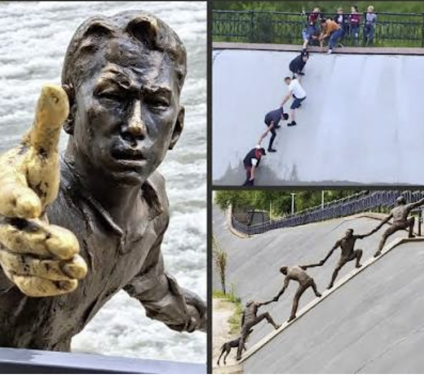 A collage showing a human-chain dog rescue in Kazakhstan and the bronze statue commemorating it