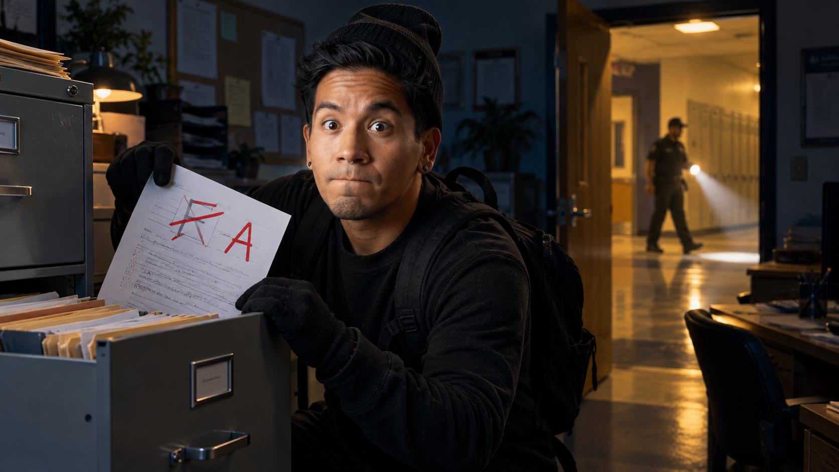 Staged illustration of Edgar in black clothing pulling a paper marked F changed to A from a filing cabinet, with a flashlight-carrying figure in the school hallway behind him