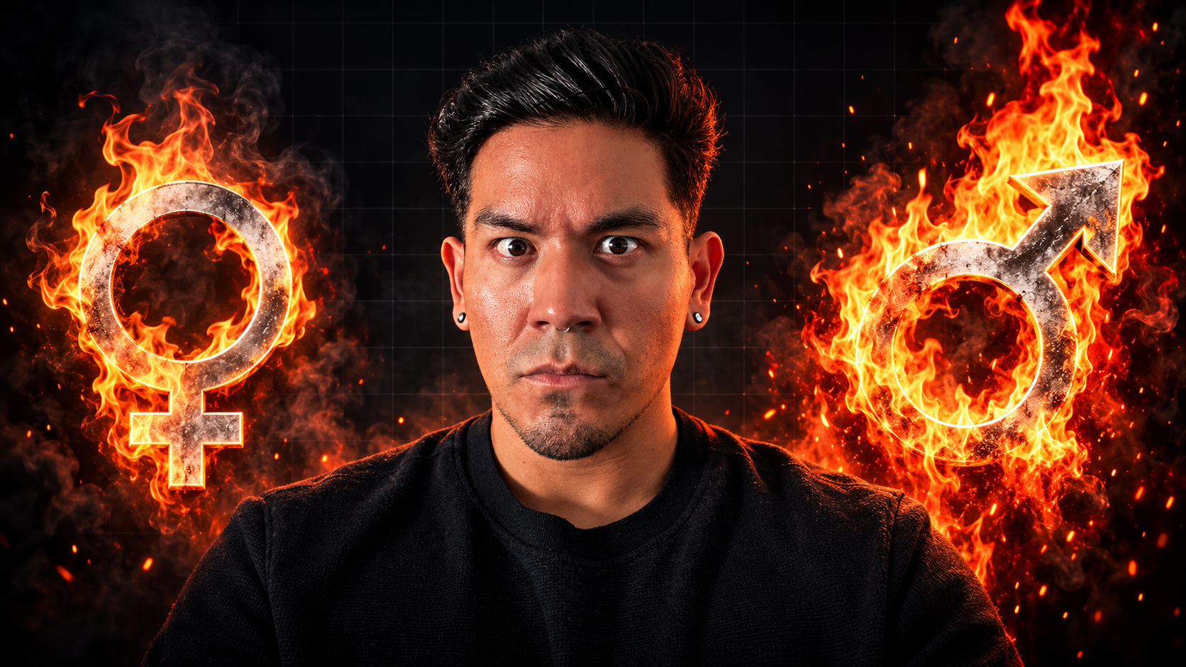 Edgar between a burning female symbol and a more intensely burning male symbol against a dark gridded background