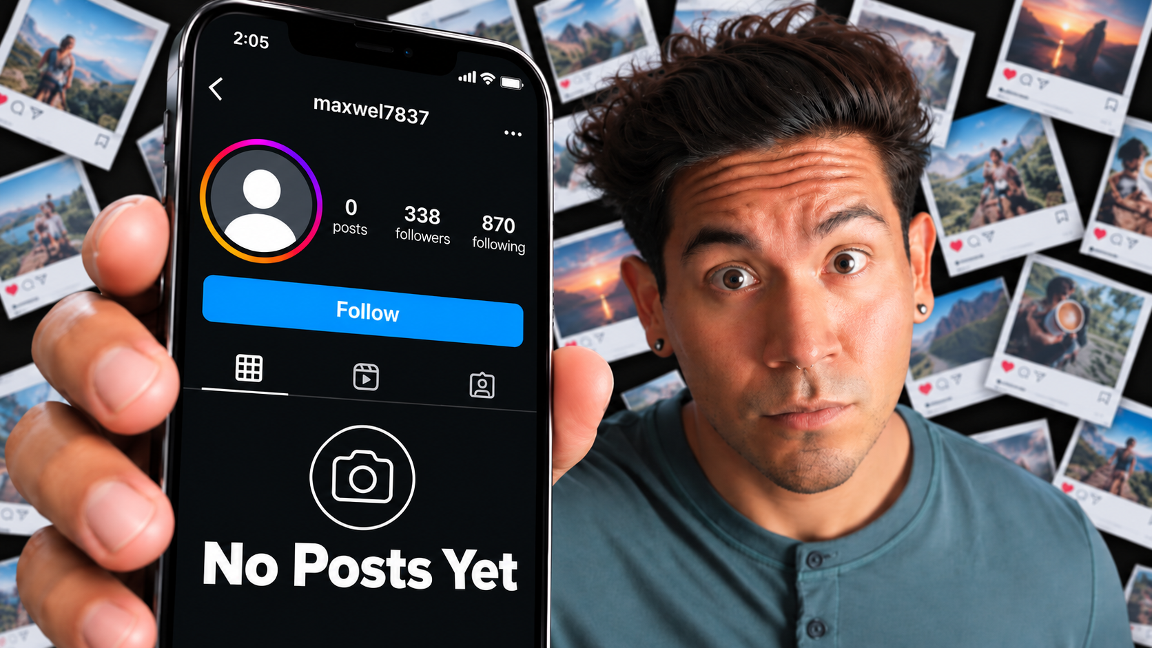 Edgar holding a phone with a nearly empty social media profile, surrounded by Polaroid photos